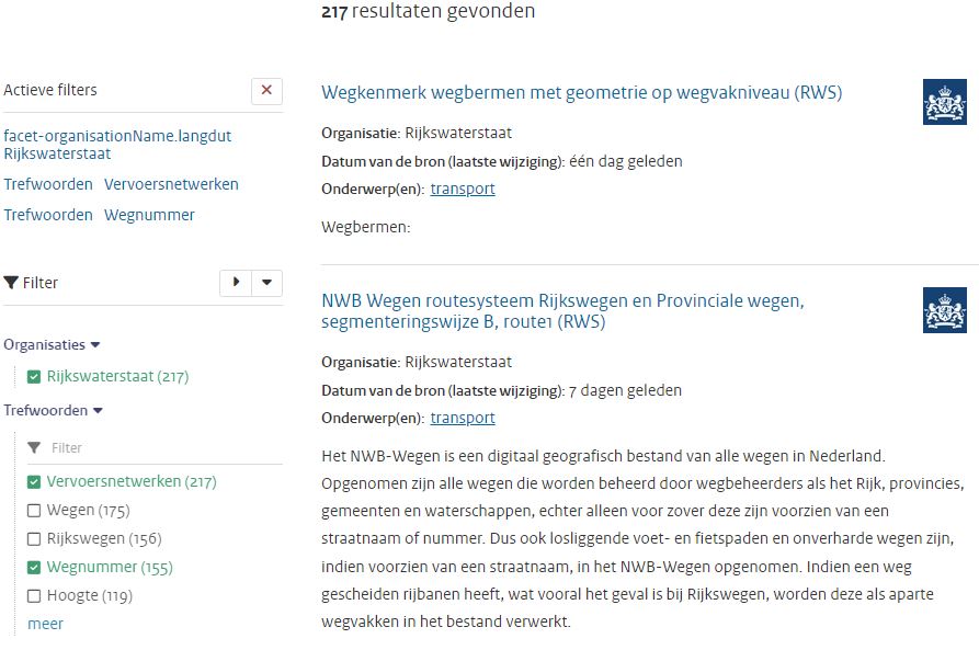 Op deze afbeelding ziet u de de filter mogelijkheden die het NGR heeft voor bij het zoeken naar aanbieders, soorten data die u kan zoeken