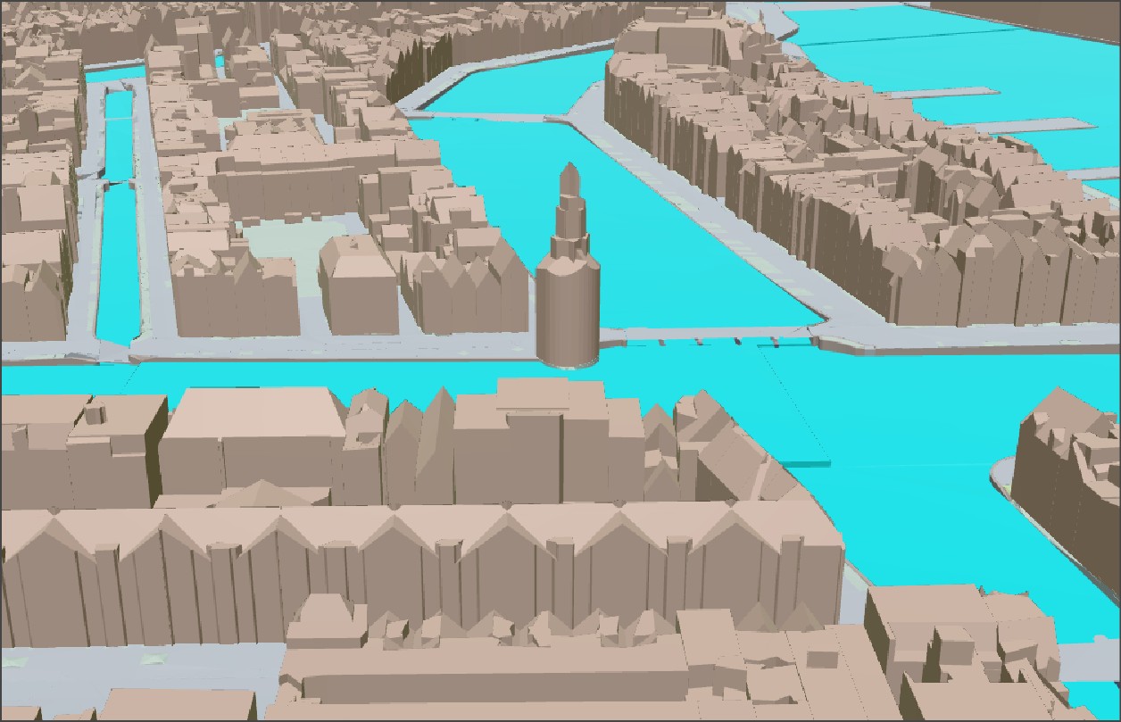 3D-weergave van gebouwen met water en hoogtedetails
